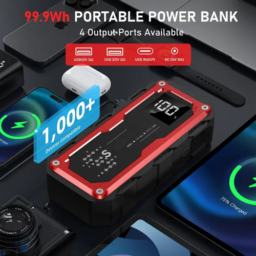 8000A Peak Portable Car Jump Starter with LED Light – Emergency Booster Battery Pack, Power Bank, Wireless Charging, Car Battery Jump Starter Tool