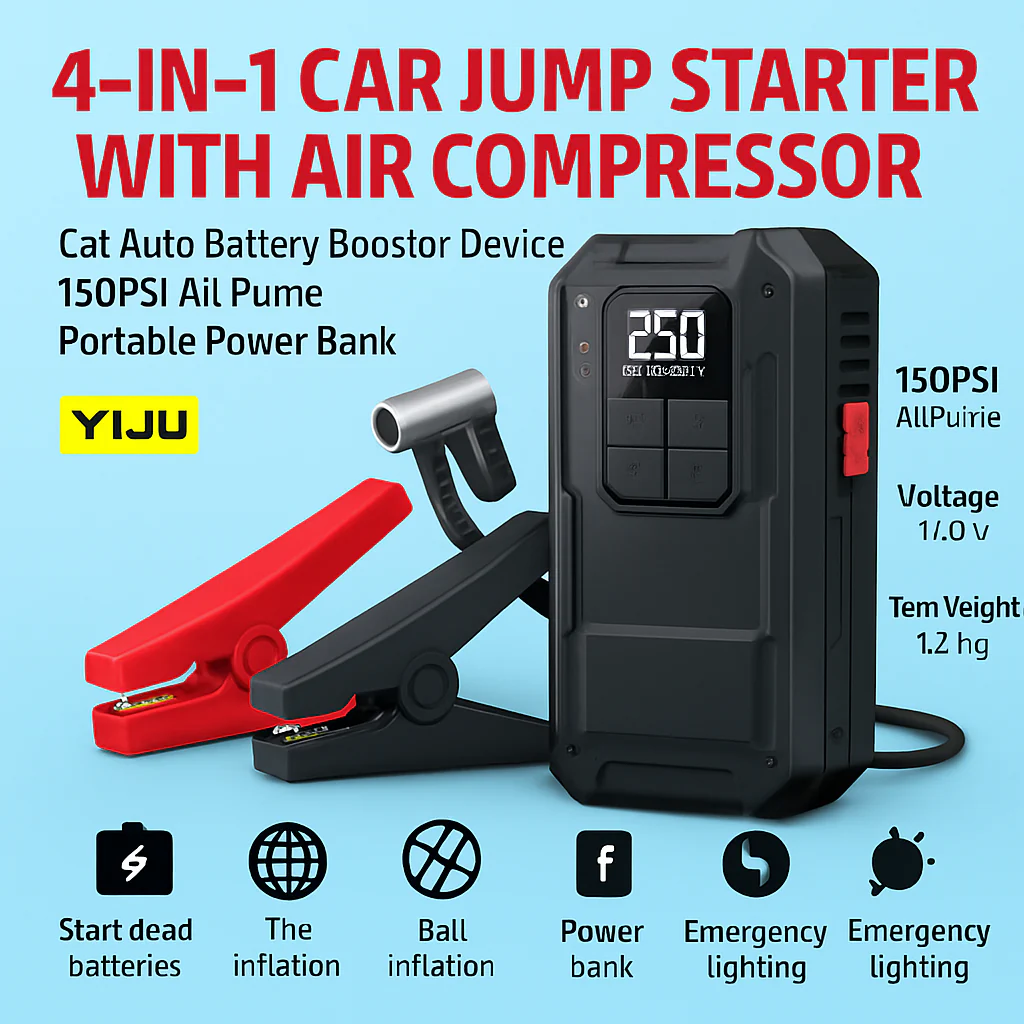 Heavy-Duty 4-in-1 Car Jump Starter with Air Pump and Power Bank
